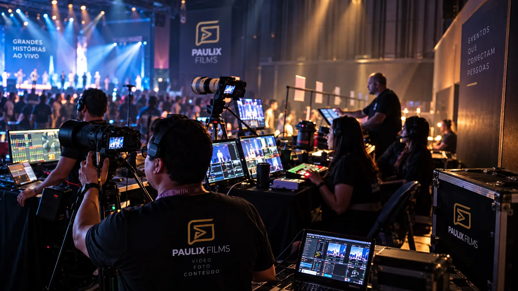 Ilha de transmissão ao vivo da Paulix Films operando um evento com câmeras, monitores e mesa de corte